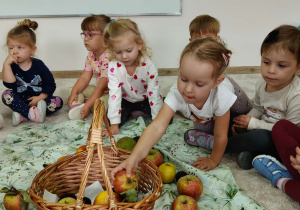 dziewczynka wkłada do koszyka jabłko