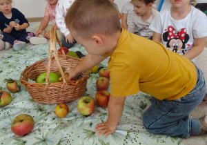 chłopiec wkłada do koszyka owoc