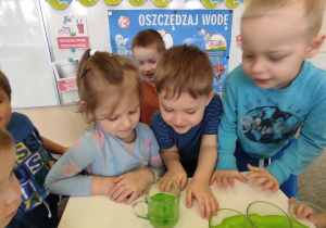 dzieci oglądają zieloną wodę w szklance