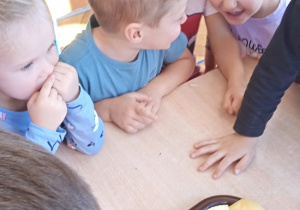 dzieci wrzucają owoce do sokowirówki