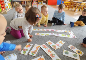 Dzieci układają domino z symboli jesiennych.