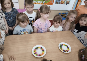 dzieci wspólnie z nauczycielką wykonują eksperyment ze skitelsami