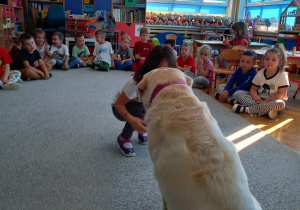 dziewczynka wydaje komendę psu