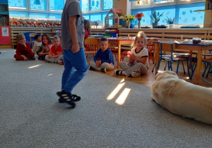 chłopiec wydaje komendę psu