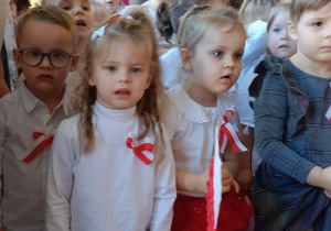 dzieci w białych bluzkach z kotylionami