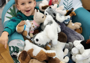 chłopiec na kanapie wśród maskotek