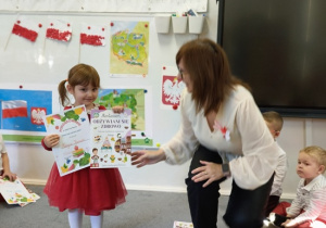 Pani Ewa wręcza dziewczynce książkę i dyplom