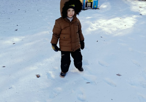 chłopiec w zimowym ubraniu stoi na śniegu