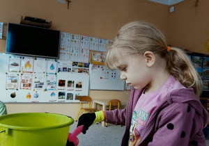 dziewczynka sieje owies w doniczce