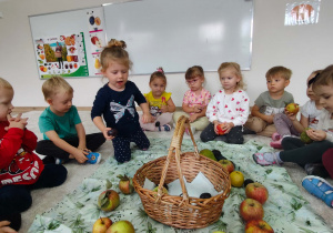 dziewczynka wkłada do koszyka śliwkę