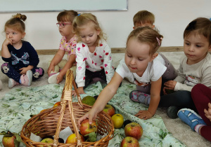 dziewczynka wkłada do koszyka jabłko