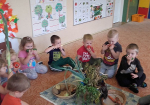 Dzieci sprawdzają zapach warzyw