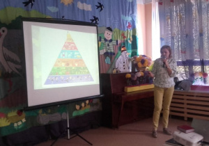 Pracownil Sanepidu prezentuje Piramide Żywienia